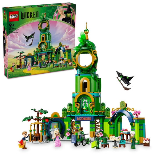 LEGO Wicked Welcome to Emerald City Set 75684 featuring a detailed 3-story tower, 945 pieces, and 5 minidolls including Glinda and Elphaba