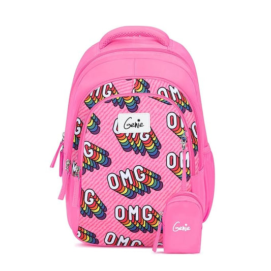 Genie School Bags OMG Kids Backpack – 15" Cute & Colorful Bag for Girls with Happy Pouch