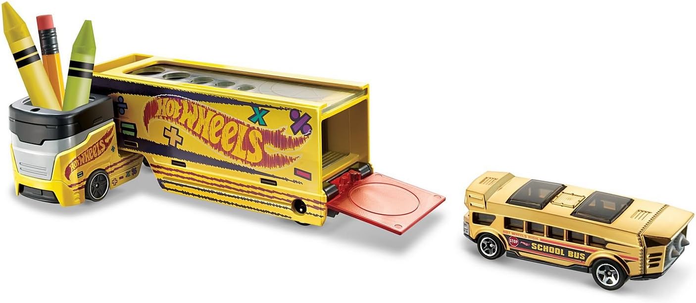 Hot Wheels PENCIL PUSHER Vehicle Truck & School Bus Car Set w/Detachable Cab
