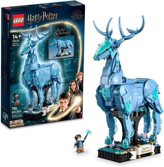 LEGO Harry Potter Expecto Patronum 76414 set featuring posable stag and wolf Patronus models, each with translucent light-blue elements and accompanying minifigures.​
