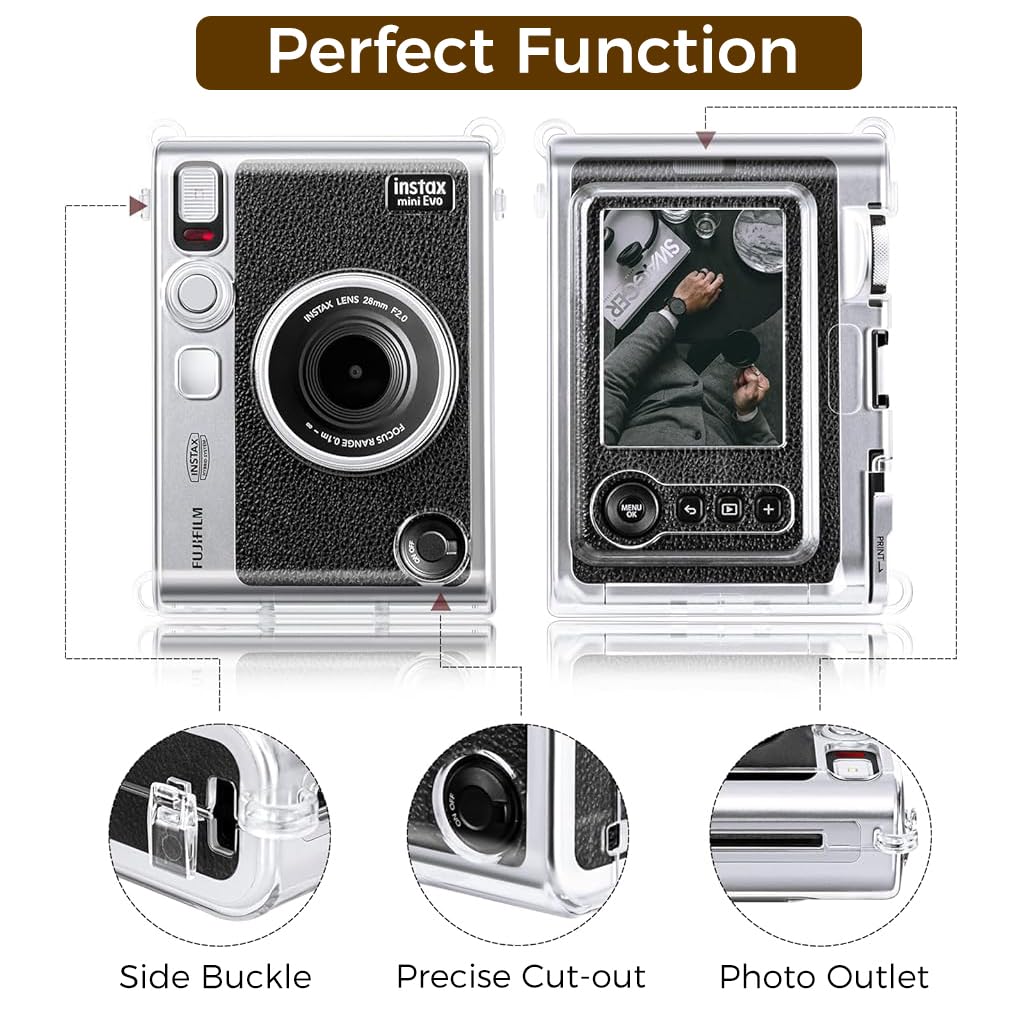 Crystal Clear Protective Case for Fujifilm Instax Mini Evo – Sleek Transparent PC Shell with Attachable Loop