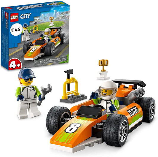 LEGO City 60322 Race Car set with 46 pieces, including a race car build and 2 minifigures, designed for young kids aged 4 and up.