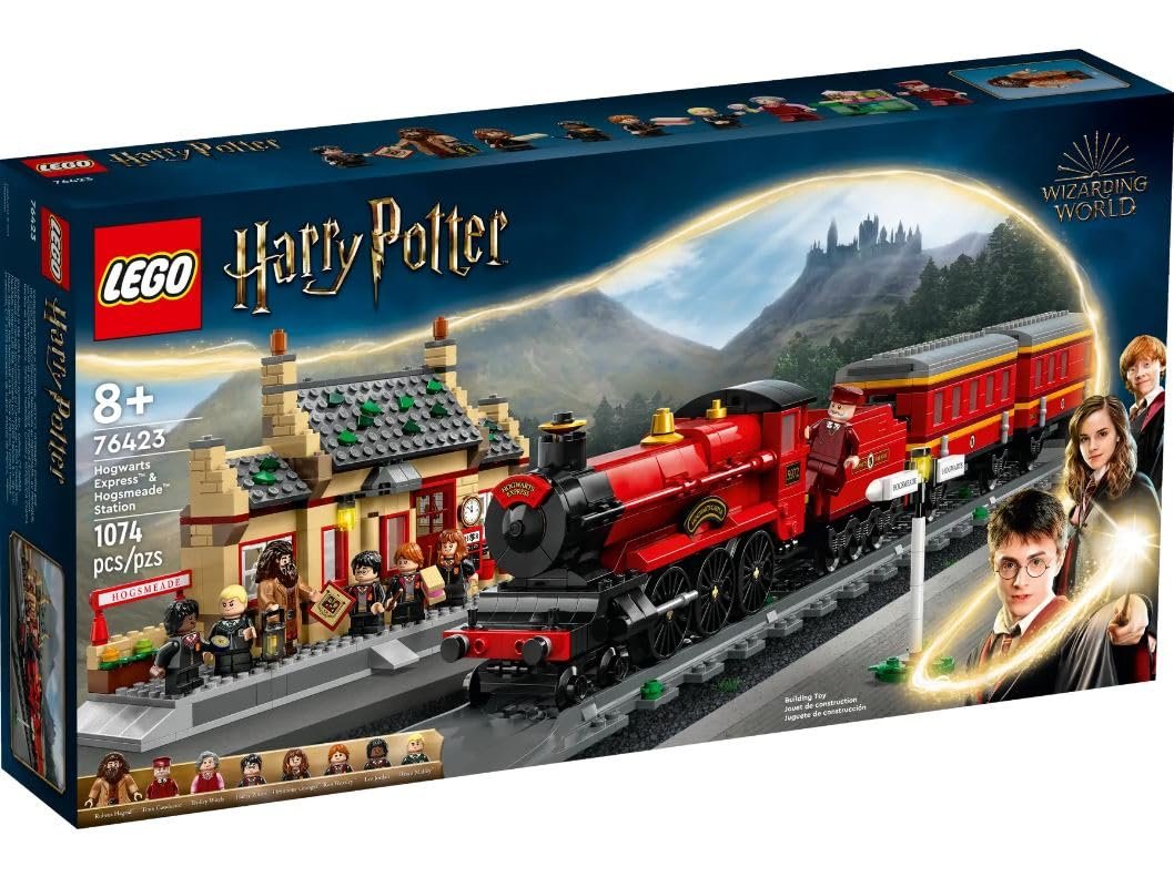 LEGO 76423 Harry Potter Hogwarts Express & Hogsmeade Station set with 1,074 pieces, featuring a detailed train and Hogsmeade station for magical adventures.
