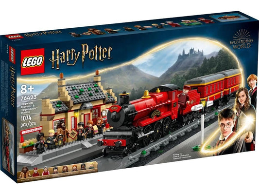 LEGO 76423 Harry Potter Hogwarts Express & Hogsmeade Station set with 1,074 pieces, featuring a detailed train and Hogsmeade station for magical adventures.