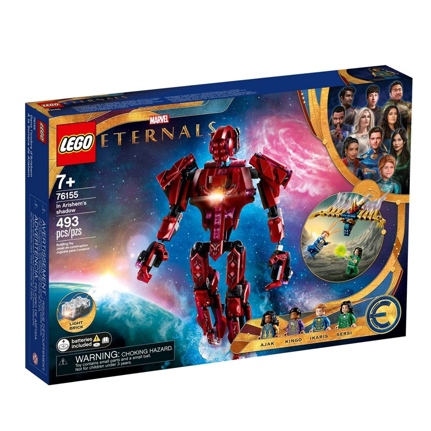 LEGO Marvel 76155 The Eternals in Arishem's Shadow set with Ikaris, Sersi, Ajak, Kingo minifigures, Deviant figure, posable Celestial, and weapons.