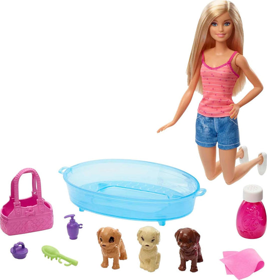 Barbie Doll Blonde with Playset, 3 Puppies, Bathtub & Accessories

