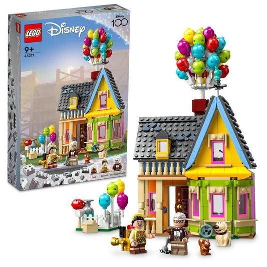 LEGO 43217 'Up' House – Features a detailed house build with balloons, chimney, and four rooms, plus Carl Fredricksen, Russell, and Dug minifigures.