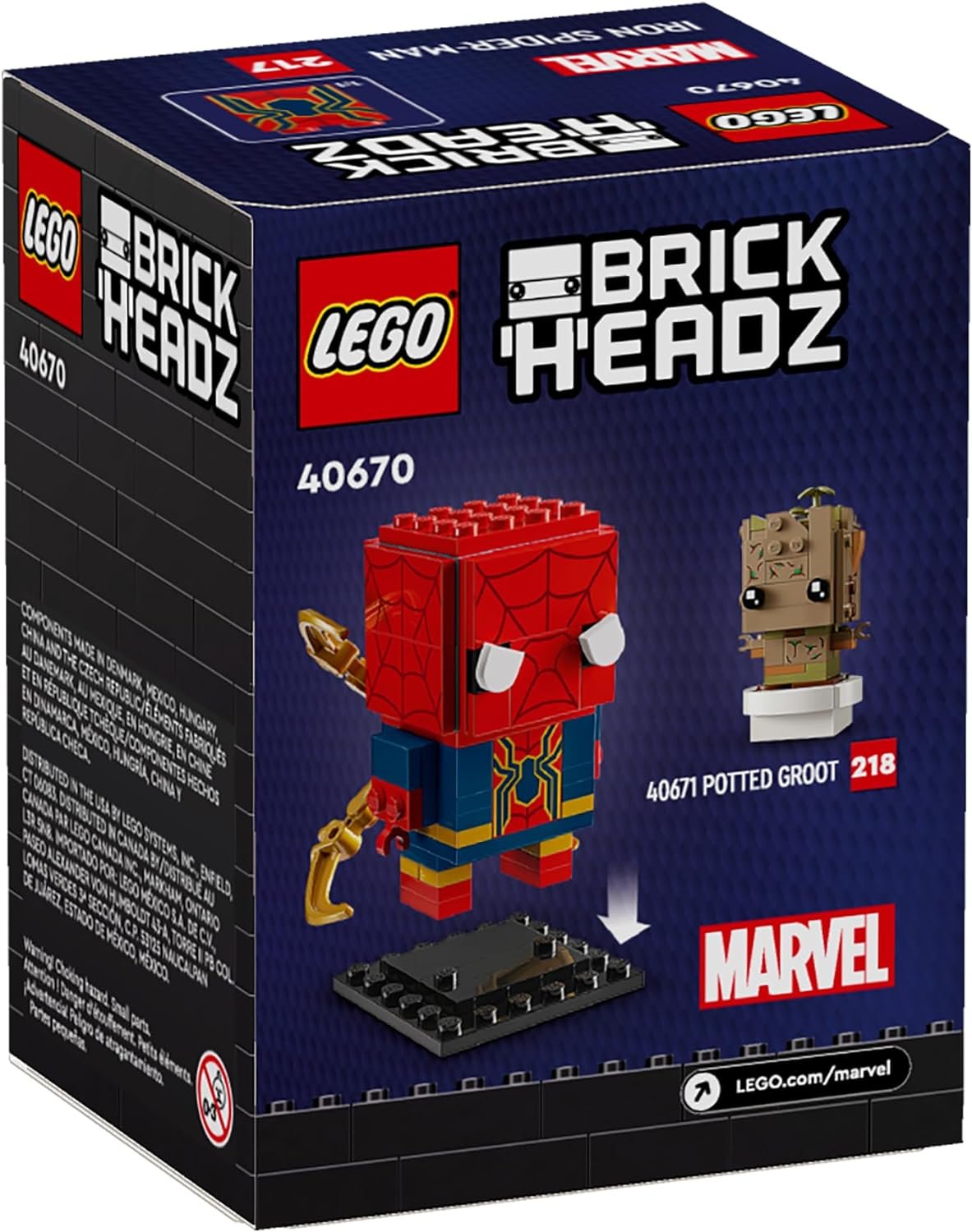 LEGO 40670 BrickHeadz Iron Spider-Man set featuring a stylized Spider-Man figure with movable mechanical arms, vibrant red and blue suit, and a sturdy baseplate.​
