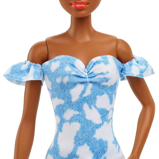 Barbie Fashionistas Doll #185, Black Up-do Hair, Off-shoulder Bleached Denim Dress, Orange Bandana, White Boots, Toy for Kids Ages 3 and Up