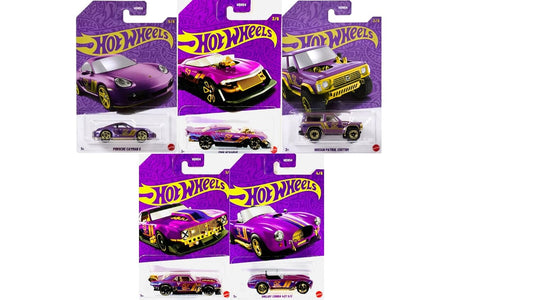 Hot Wheels Purple & Gold Series – 5 Car Collection (Porsche Cayman S, Rodger Dodger, Nissan Patrol Custom, Shelby Cobra 427 S/C, HW Speedster)