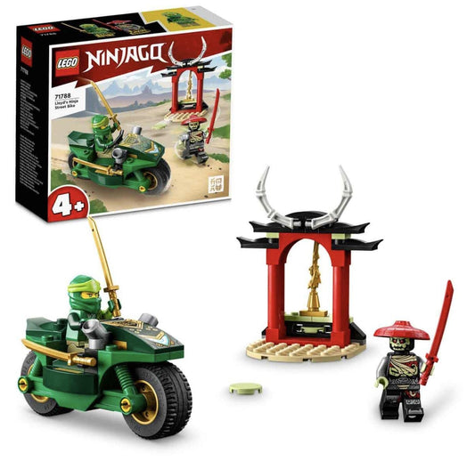 LEGO NINJAGO 71788 set with Lloyd’s Ninja Street Bike, Bone Guard minifigure, Bone Temple with disc shooter, and golden weapon.​