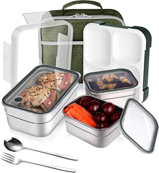 Stainless Steel Kids Lunch Box - Insulated Bento with Tableware & Bag, 4 ompartments, Leakproof, BPA-Free, Dishwasher Safe - Green