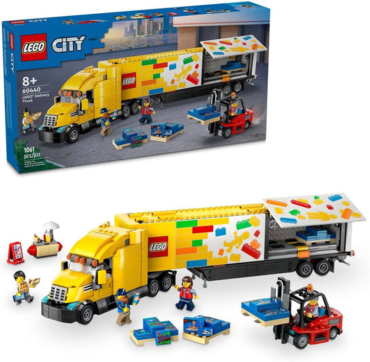 LEGO City 60440 Yellow Delivery Truck set showcasing the vibrant yellow truck, detachable trailer, forklift, hot-dog stand, and included minifigures.​