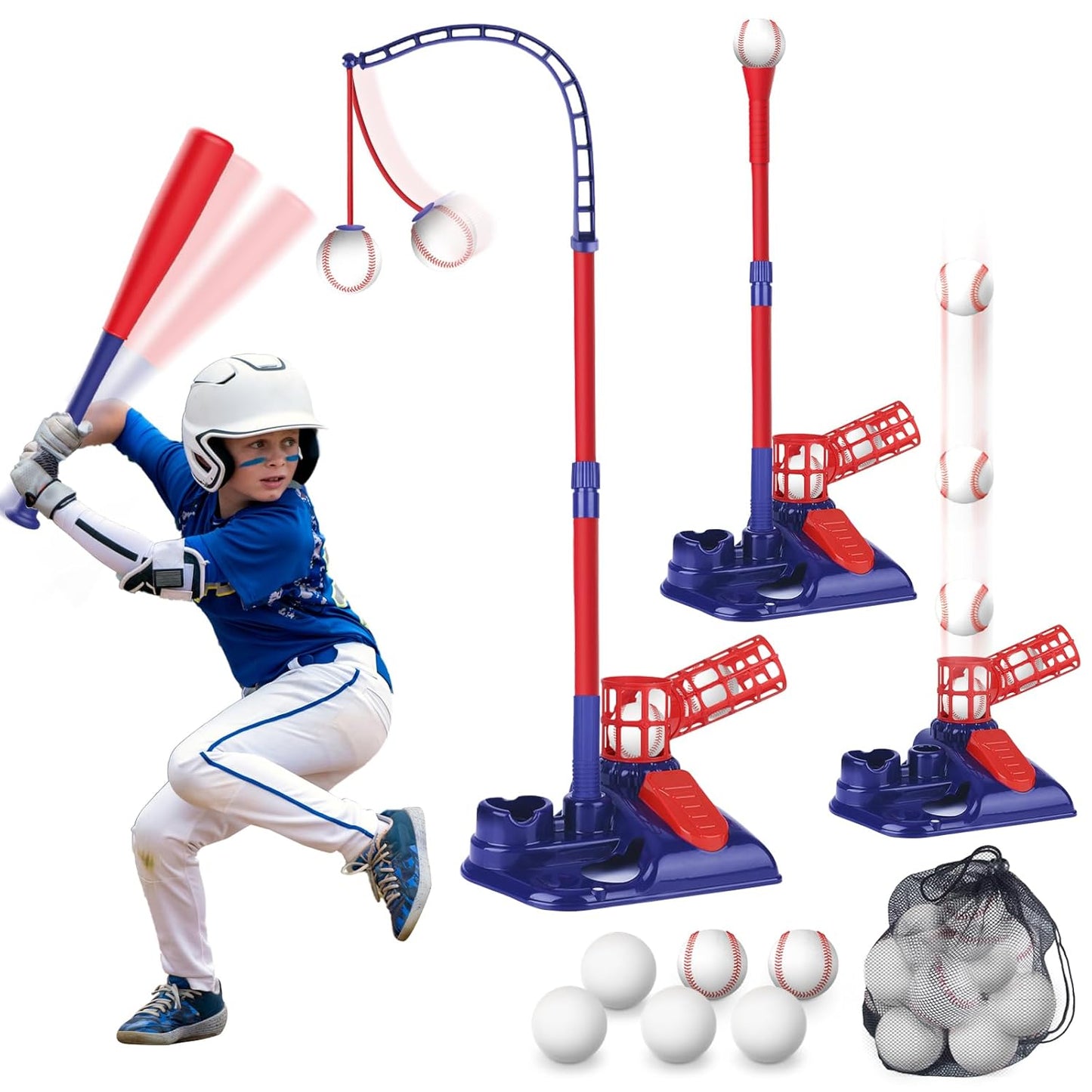 3-in-1 Kids Baseball Set – Tee Stand, Hanging Tee & Ball Launcher with 6 Balls | Adjustable Height Outdoor Game (Ages 3–12)