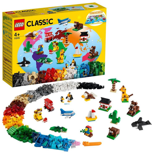 LEGO Classic Around The World 11015 set with 950 colorful bricks to build 15 world-themed models including animals, vehicles, and landmarks.
