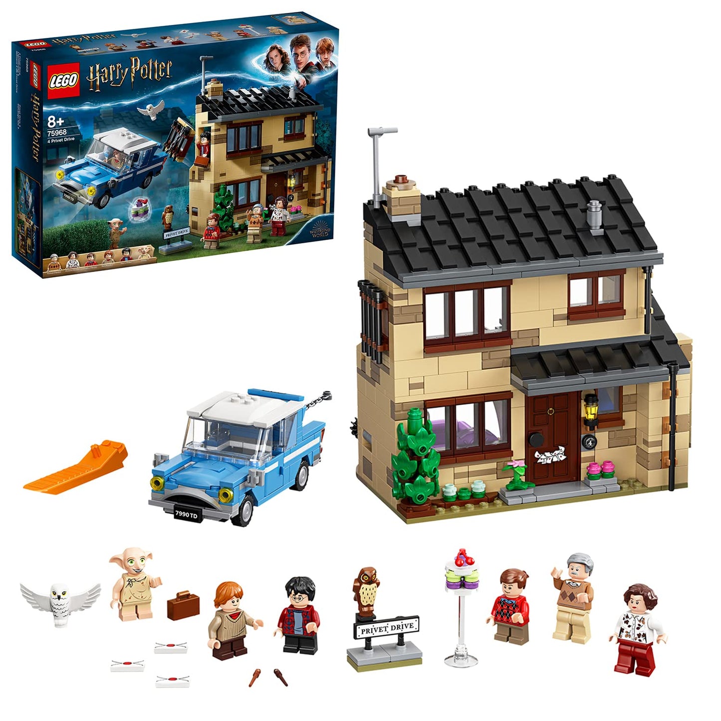 LEGO Harry Potter 75968 4 Privet Drive set featuring detailed house build, flying car, and 6 character minifigures for magical roleplay.
