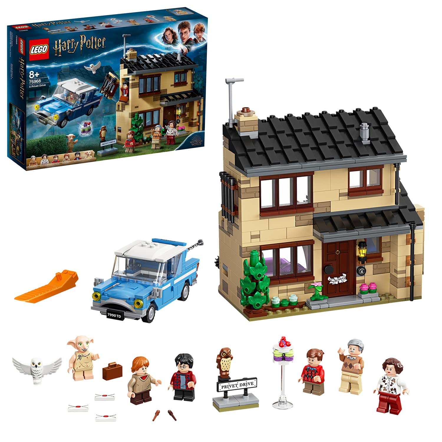 LEGO Harry Potter 75968 4 Privet Drive set featuring detailed house build, flying car, and 6 character minifigures for magical roleplay.
