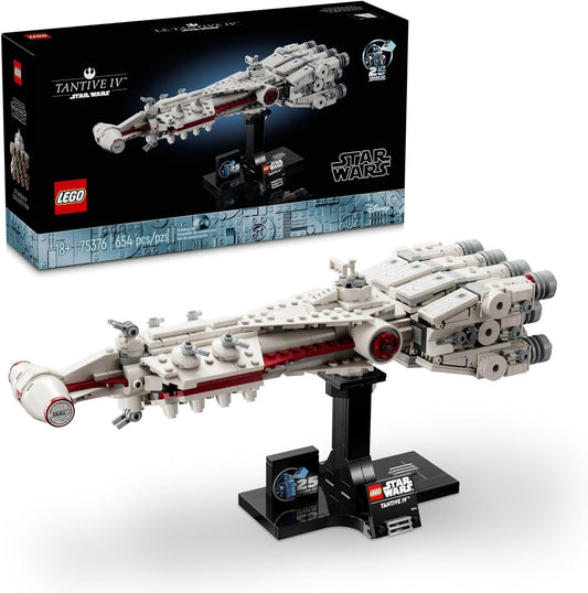 LEGO 75376 Star Wars Tantive IV set featuring a detailed mid-scale model with 11 engines, turbolasers, and a display stand with nameplate and 25th Anniversary brick.​