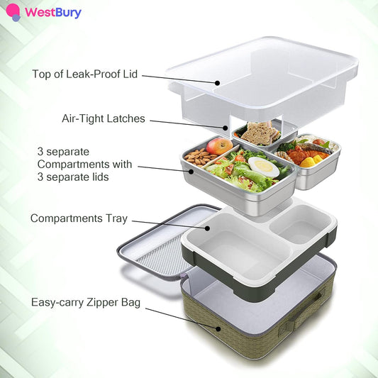 Stainless Steel Kids Lunch Box - Insulated Bento with Tableware & Bag, 4 ompartments, Leakproof, BPA-Free, Dishwasher Safe - Green