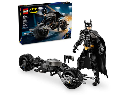 LEGO 76273 Batman Construction Figure and Bat-Pod Bike set featuring a posable Batman figure over 10 inches tall, Bat-Pod bike with stud launchers, and detailed design for display and play.