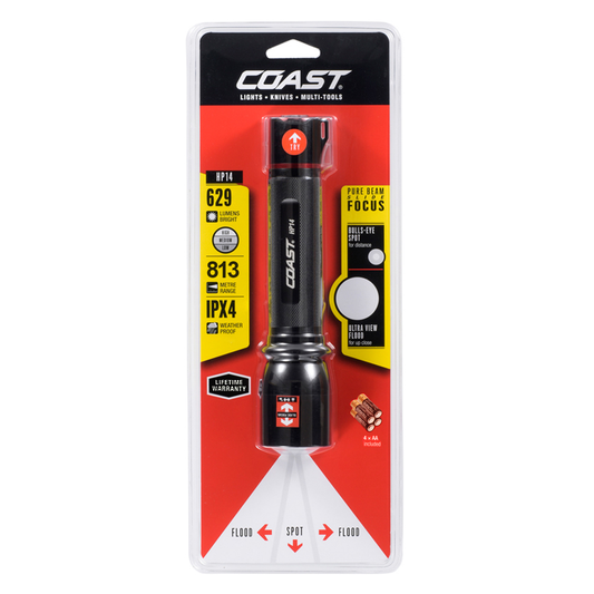 COAST HP14 the focusable LED flashlight with Slide Focus and 4 batteries included