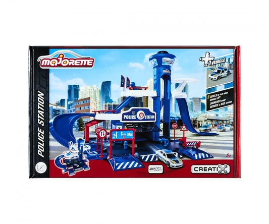 Majorette Creatix Police Station playset with track and 1 police vehicle included, designed for interactive play

