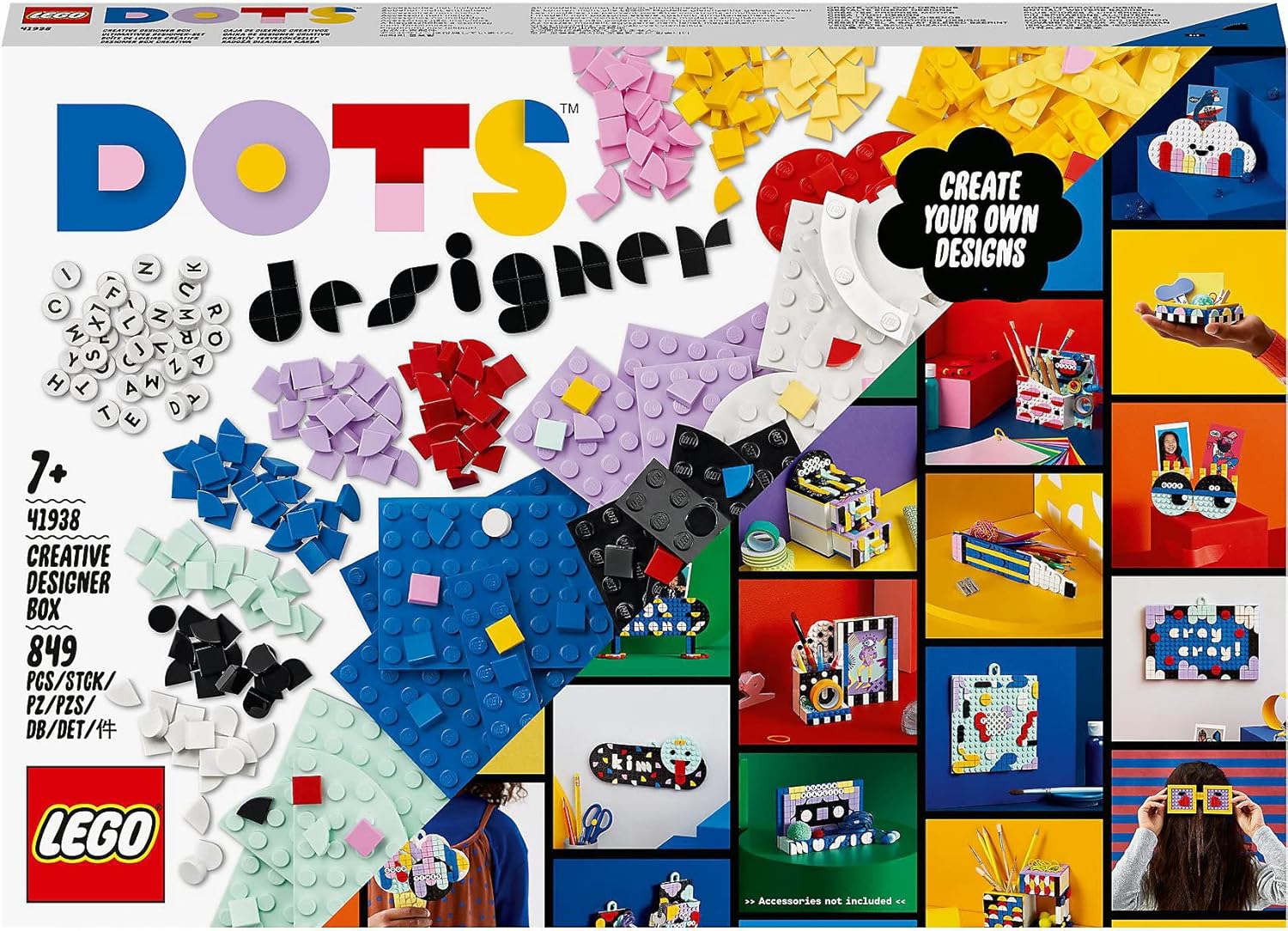 LEGO DOTS Creative Designer Box 41938 – Features colorful tiles, alphabet pieces, and instructions to build and personalize 5 unique room decor items.