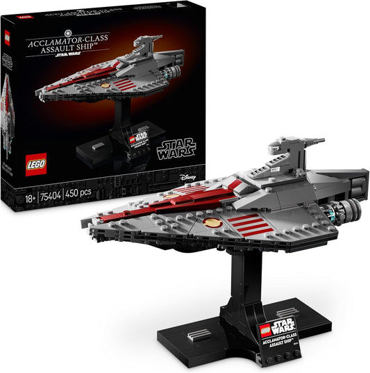 LEGO Star Wars Acclamator-Class Assault Ship 75404 featuring intricate detailing, a display stand with nameplate, and measuring over 9 inches in length, designed for builders aged 18+.