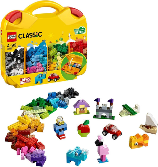 LEGO 10713 Classic Creative Suitcase showcasing the yellow case with colorful building bricks and sorting compartments.​