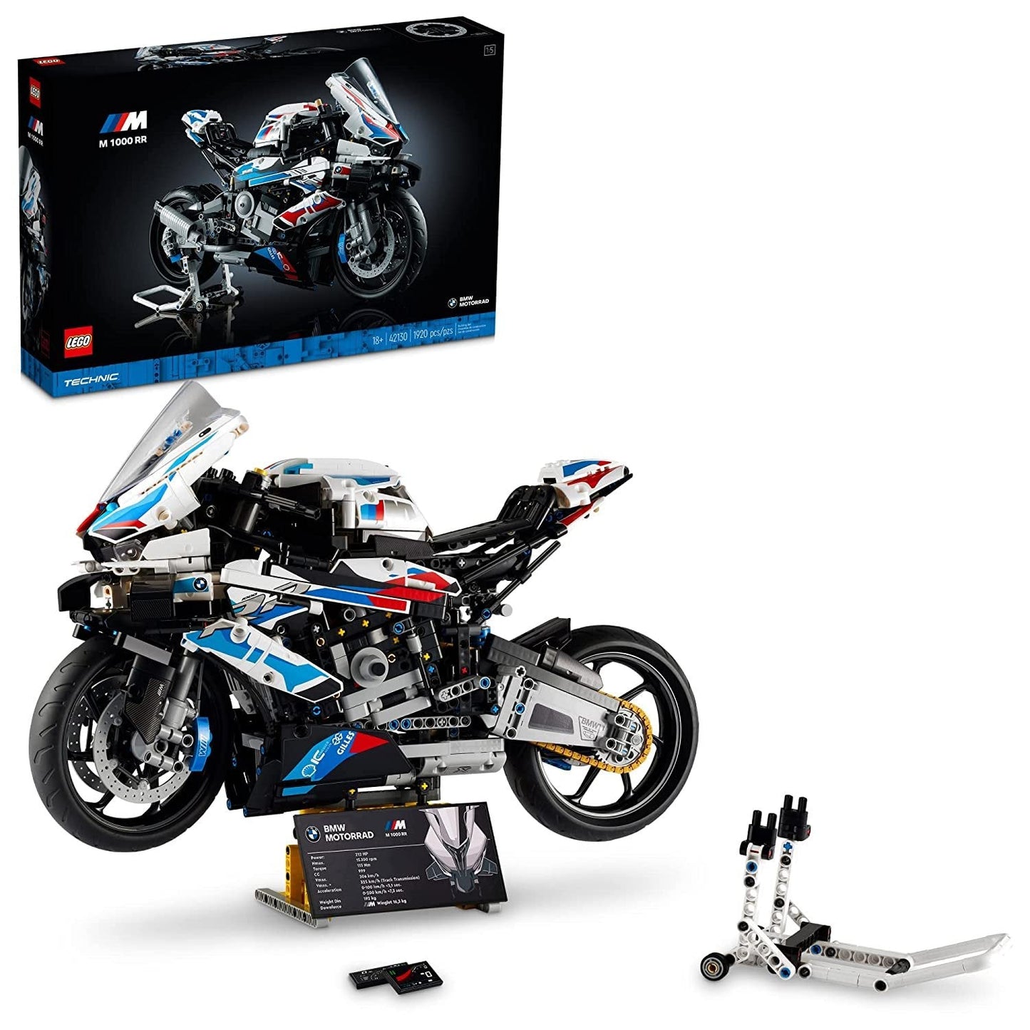 LEGO Technic BMW M 1000 RR 42130 motorcycle model kit featuring 1:5 scale replica with functional gearbox, suspension, and display stands.​