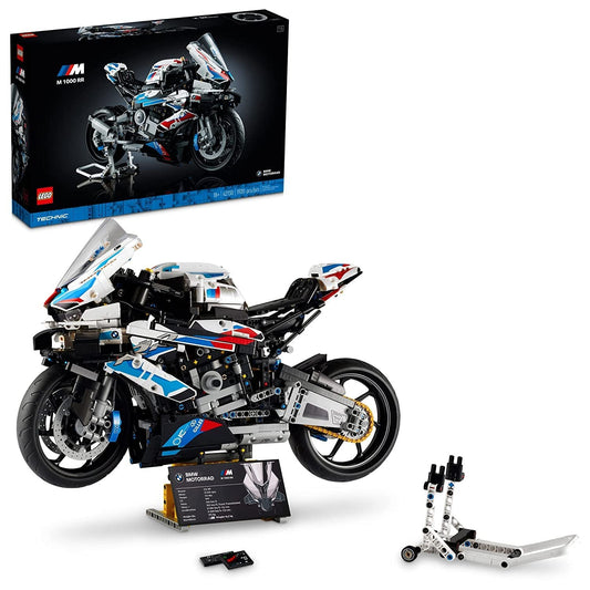 LEGO Technic BMW M 1000 RR 42130 motorcycle model kit featuring 1:5 scale replica with functional gearbox, suspension, and display stands.​