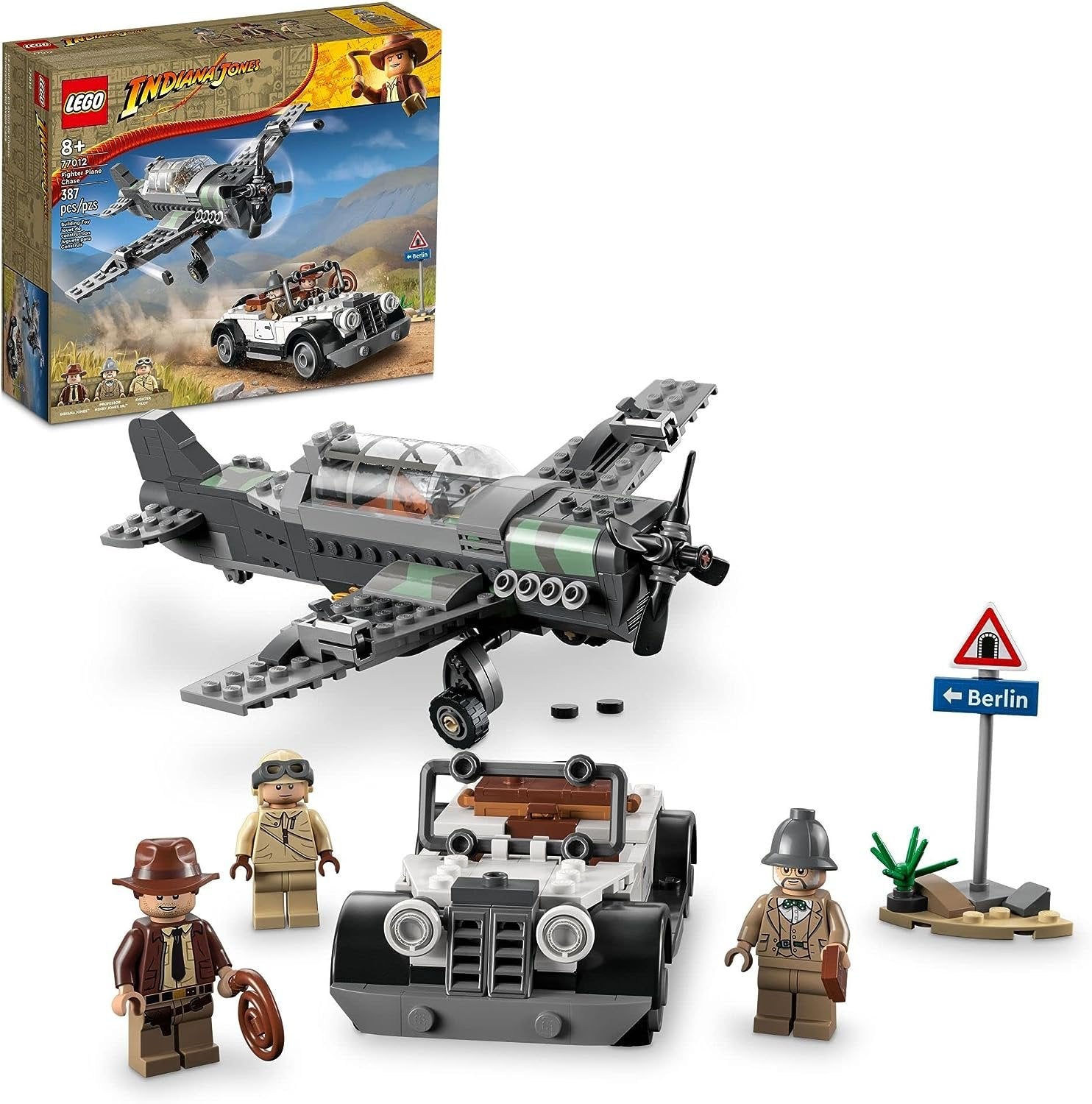 LEGO 77012 Indiana Jones Fighter Plane Chase set featuring a detailed fighter plane with propeller and stud shooters, a vintage convertible car, and minifigures of Indiana Jones, Professor Henry Jones Sr., and a fighter pilot.​