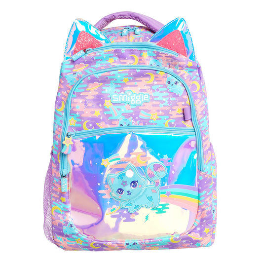 Smiggle Far Away lilac cat print backpack for kids 3Y+ for school and travel

