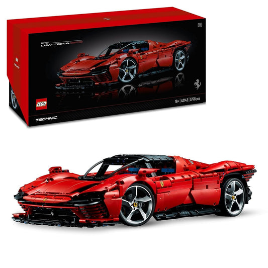 LEGO Technic Ferrari Daytona SP3 42143 set with 3,778 pieces, featuring a detailed V12 engine, 8-speed sequential gearbox, opening butterfly doors, and a removable roof.