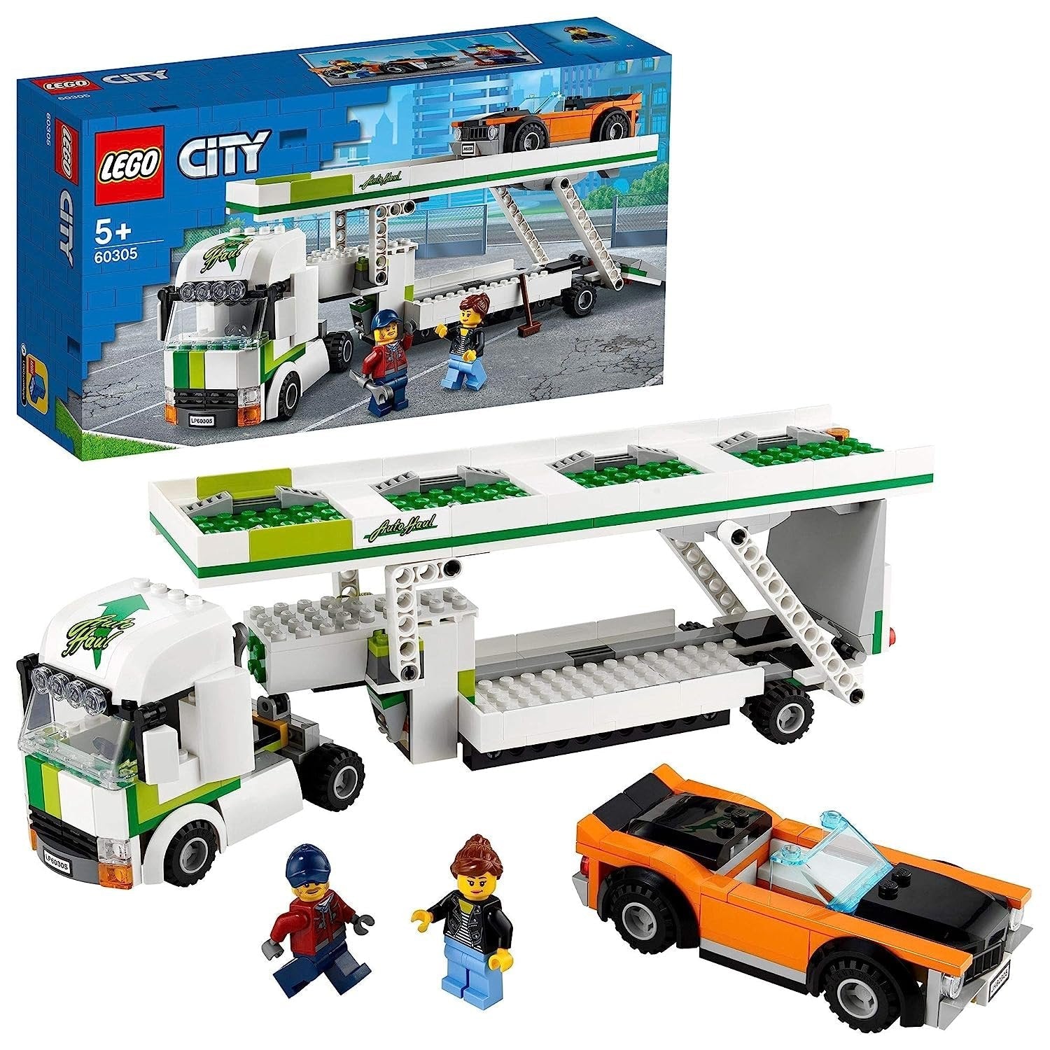 LEGO 60305 City Car Transporter set with 342 pieces, featuring a detailed transporter truck and two cars for city transportation adventures.