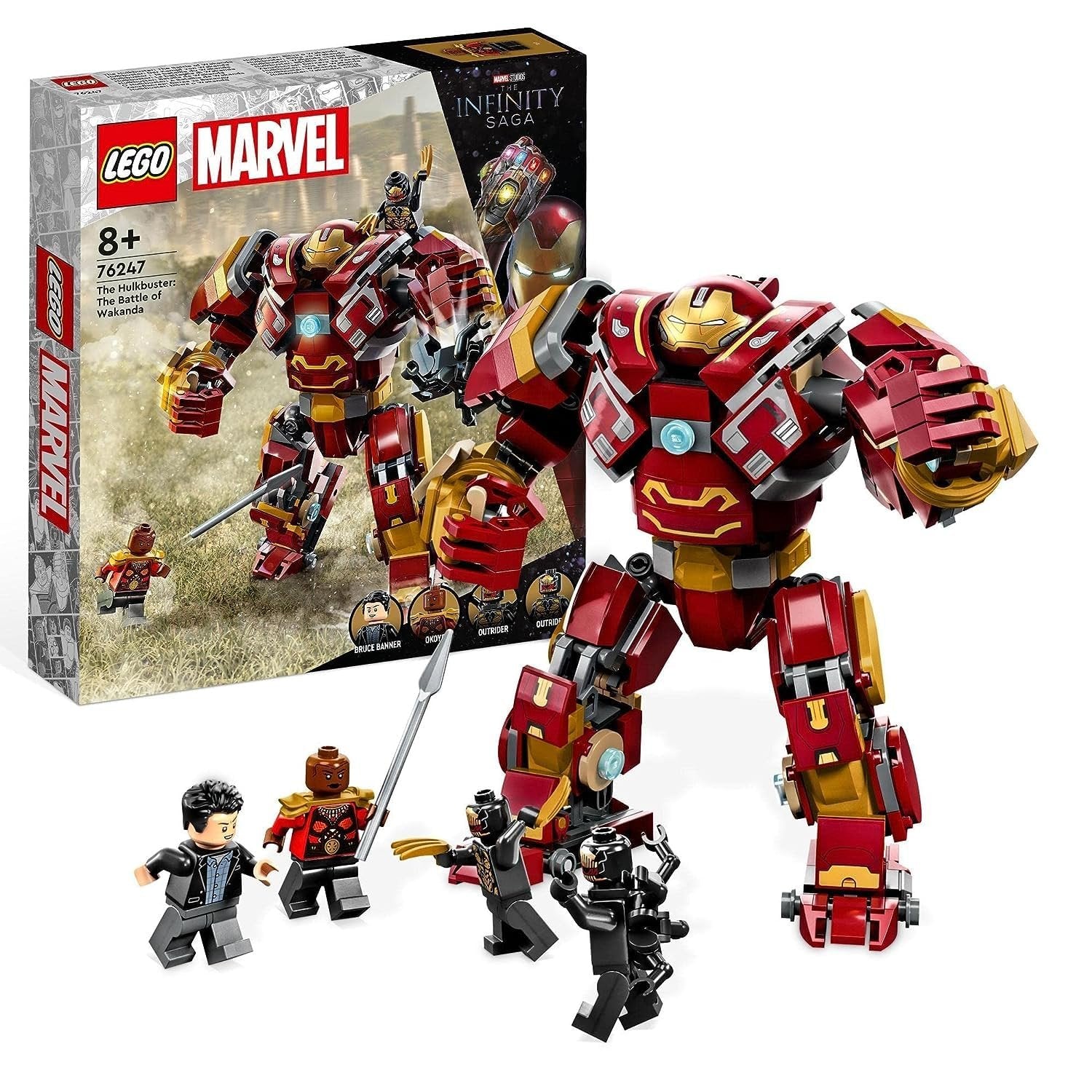LEGO Marvel 76247 Hulkbuster set featuring posable mech, Bruce Banner, Okoye, and two Outrider minifigures.​