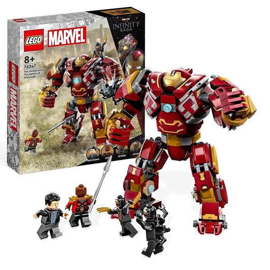 LEGO Marvel 76247 Hulkbuster set featuring posable mech, Bruce Banner, Okoye, and two Outrider minifigures.​