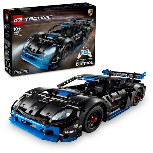 LEGO Technic Porsche GT4 e-Performance 42176 showcasing the sleek design, remote control features, and detailed bodywork.