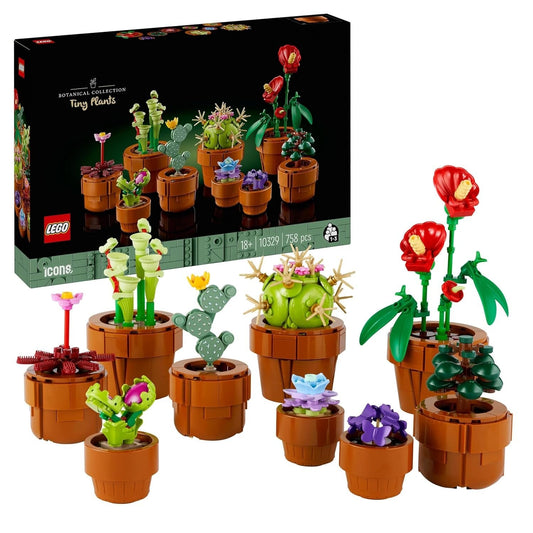 LEGO Icons 10329 Tiny Plants set displaying 9 miniature plants, including cacti, tropical, and carnivorous species, each in a terracotta-colored pot.​
