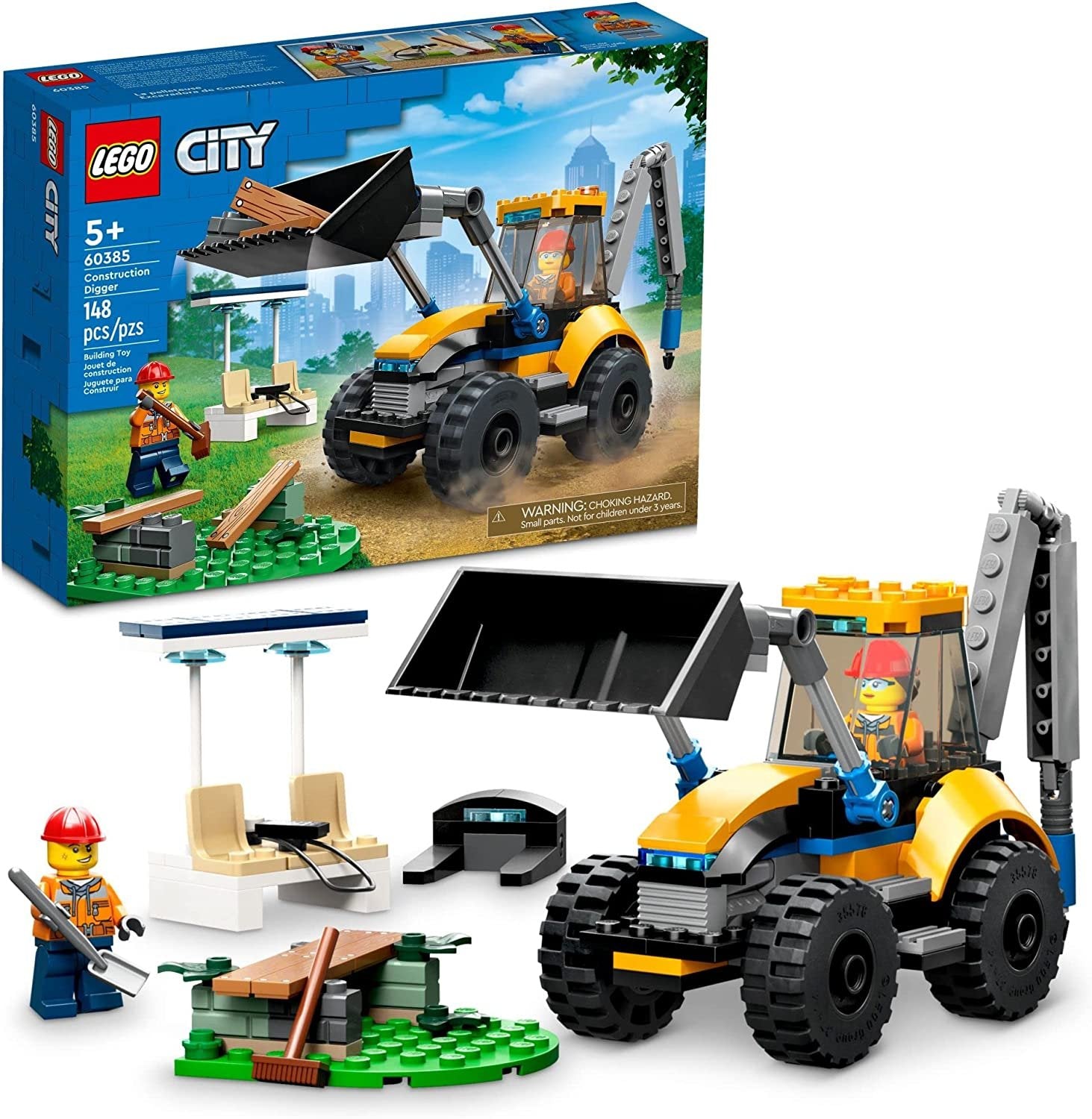 LEGO 60385 Construction Digger Excavator toy set, featuring a detailed vehicle design with movable parts for an immersive building experience.