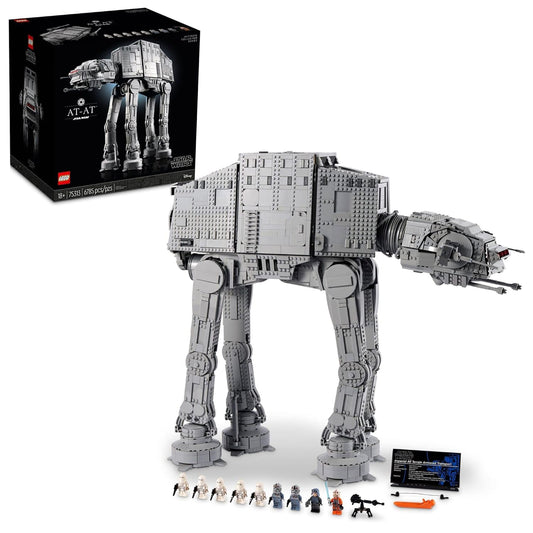 LEGO 75313 AT-AT UCS set displaying the detailed walker model with posable limbs, openable panels revealing the interior, and accompanying minifigures.​
