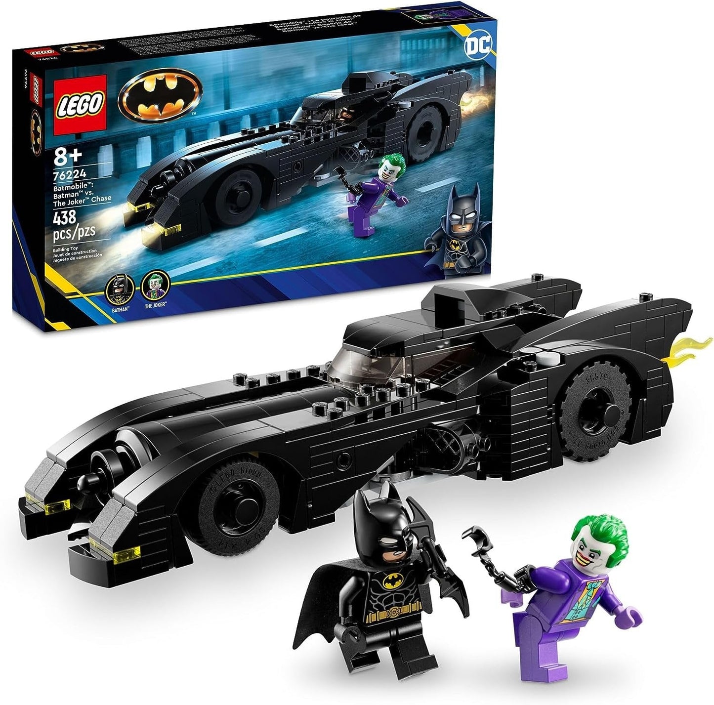 LEGO 76224 DC Batmobile set featuring Batman, The Joker, and the iconic Batmobile in a thrilling Gotham City chase.