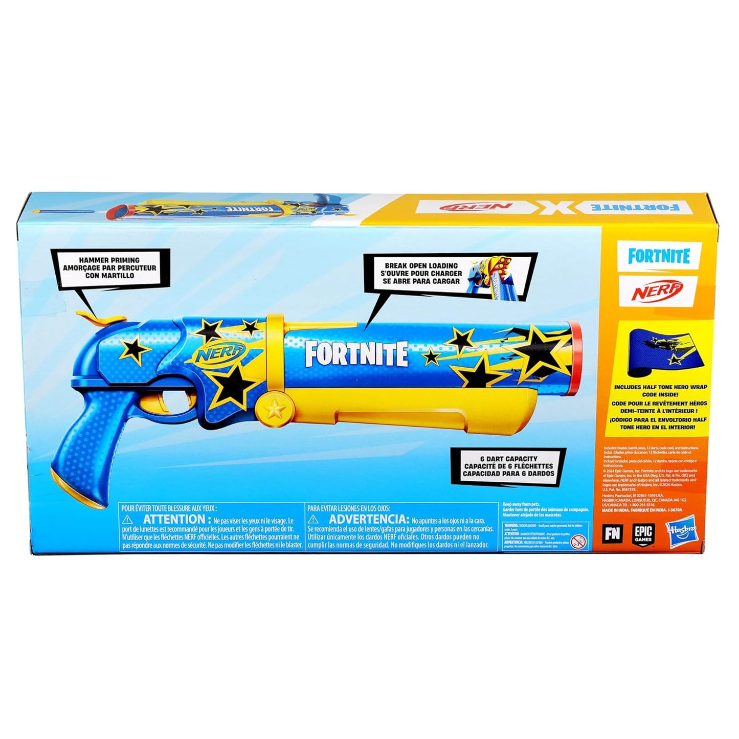 Nerf Fortnite Half Tone Hero Blaster, Bonus Code to Unlock Half Tone Hero Wrap in The Game, Break Open Loading, 12 Nerf Elite Darts