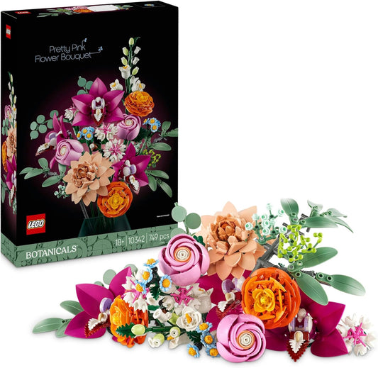 LEGO Botanicals Pretty Pink Flower Bouquet Set 10342, a 749-piece floral arrangement featuring daisies, cornflowers, eucalyptus, elderflowers, roses, ranunculus, cymbidium orchids, campanula, and waterlily dahlia, designed for builders aged 18 and up.