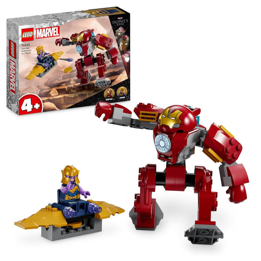 LEGO 76263 Marvel Iron Man Hulkbuster vs. Thanos set featuring Iron Man in Hulkbuster armor, Thanos, and action-packed battle scene.