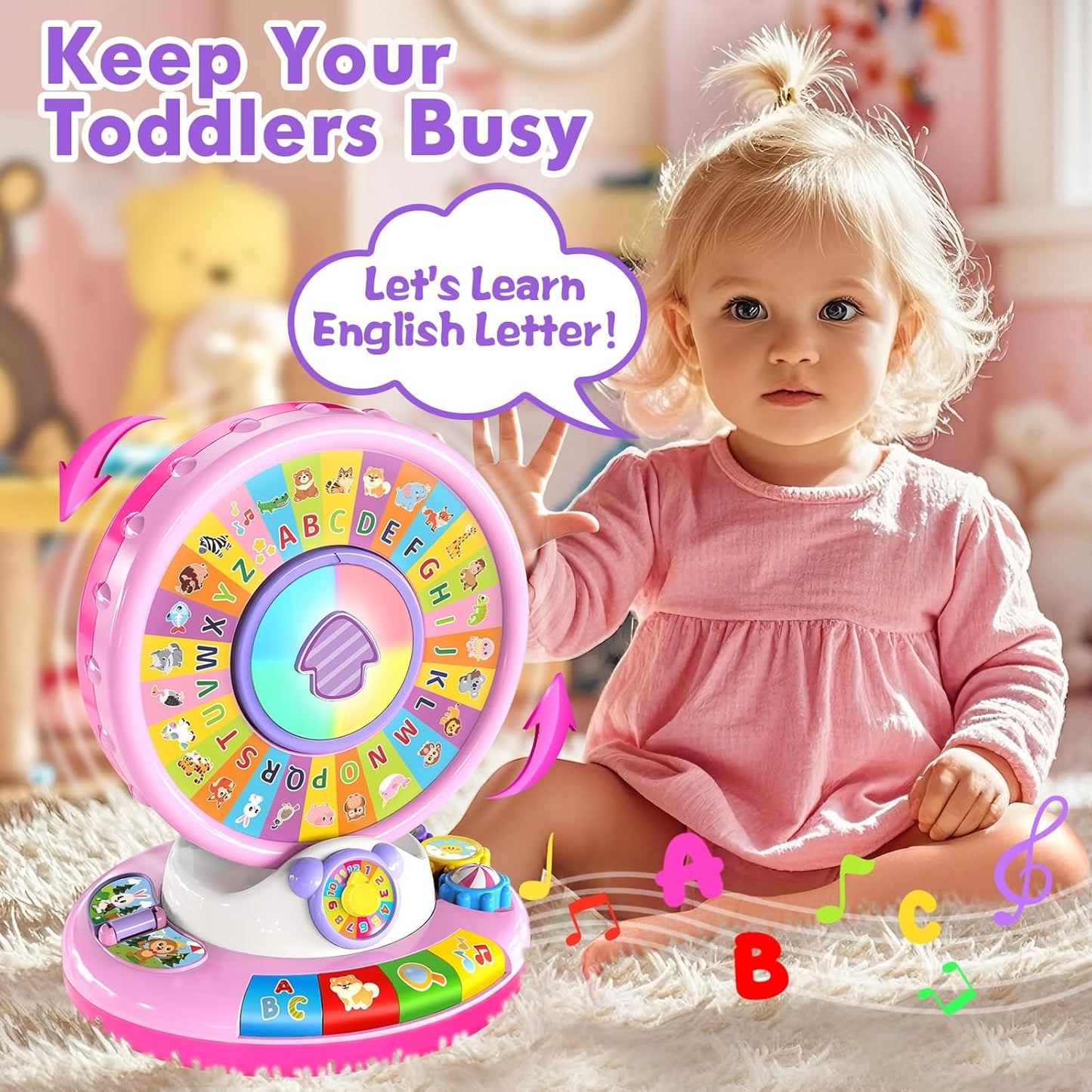 Musical Spin & Sing Alphabet Zoo Infant Toys – Interactive Learning Toy for Toddlers Ages 6–18 Months | Educational Gift for Baby Boys & Girls (1–3 Years) - Pink