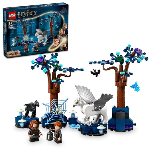 LEGO 76432 Harry Potter Forbidden Forest: Magical Creatures set showcasing a buildable forest scene with glow-in-the-dark spider and mushrooms, posable Buckbeak and baby Thestral figures, and minifigures of Ron Weasley and Hermione Granger.​