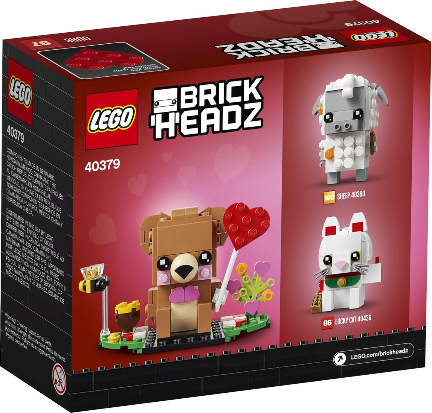 LEGO BrickHeadz Valentine's Bear Set 40379, a 150-piece collectible featuring a bear holding a heart, accompanied by a bee friend, honey jar, and picnic scene, designed for builders aged 10 and up.