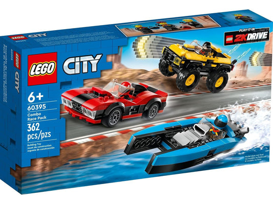LEGO City Combo Race Pack (60395) set with race cars, track accessories, and mini-figures—ideal for action-packed racing fun.