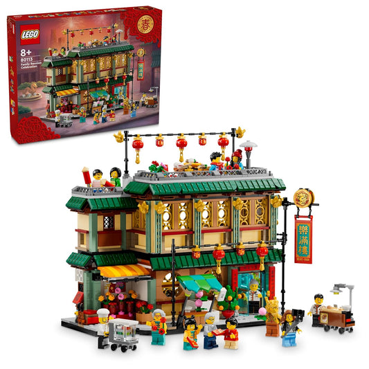 LEGO 80113 Spring Festival Family Reunion Celebration set showcasing a traditional Chinese restaurant with minifigures, lanterns, and rooftop dining.​